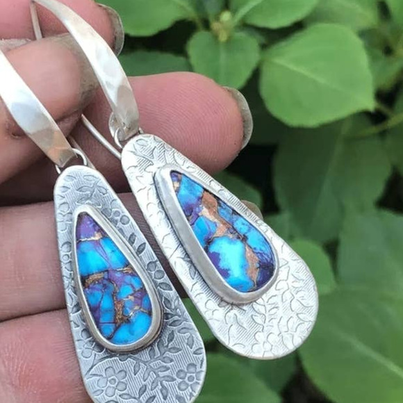 Boho Dangle Drop Earrings Metal Carved Pattern 925 Silver Plated Lightweight - Picture 3 of 7